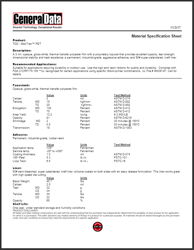 TDD Material Specification Sheet