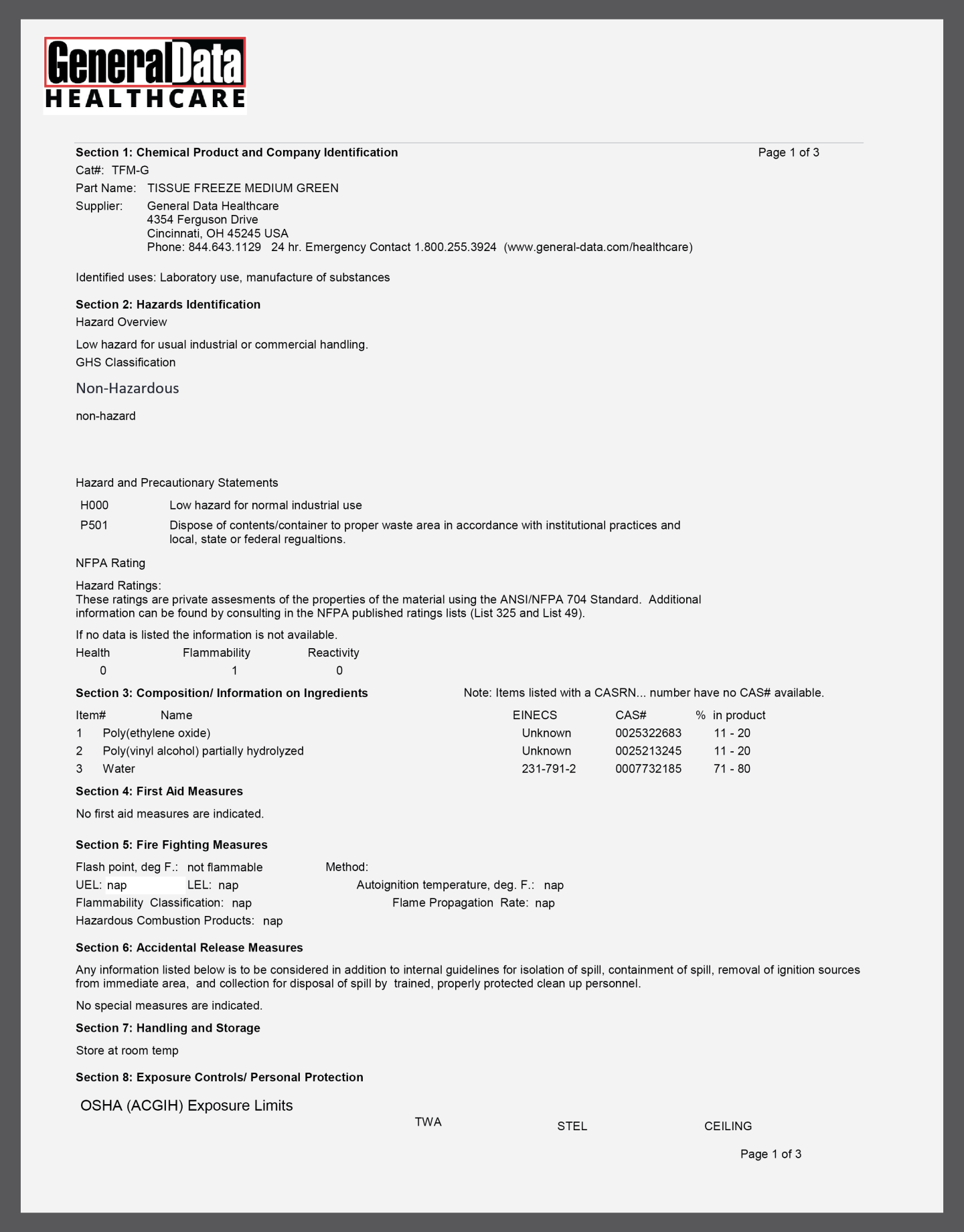 TFM-G Tissue Freezing Medium Green Safety Data Sheet