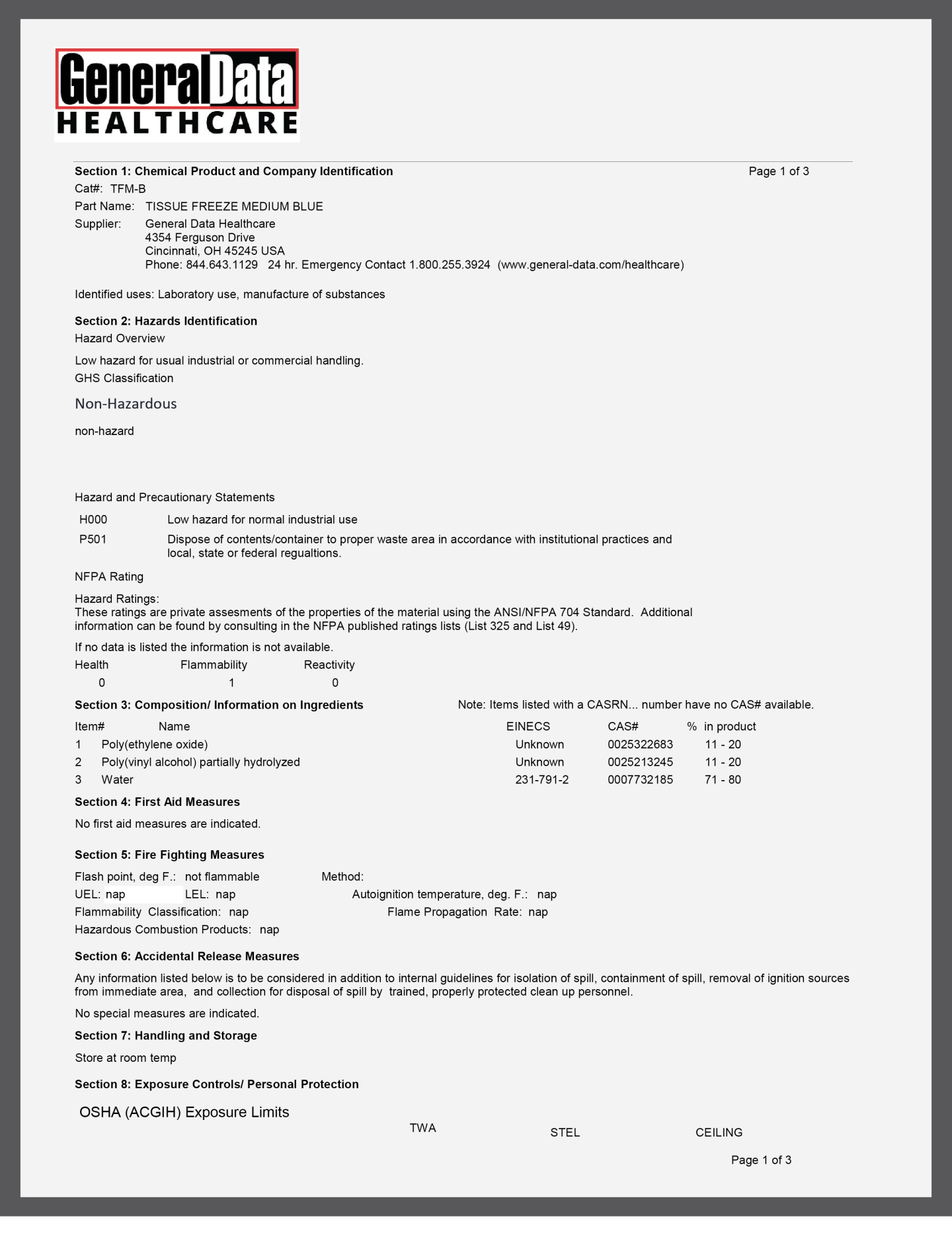 TFM-B Tissue Freezing Medium Blue Safety Data Sheet