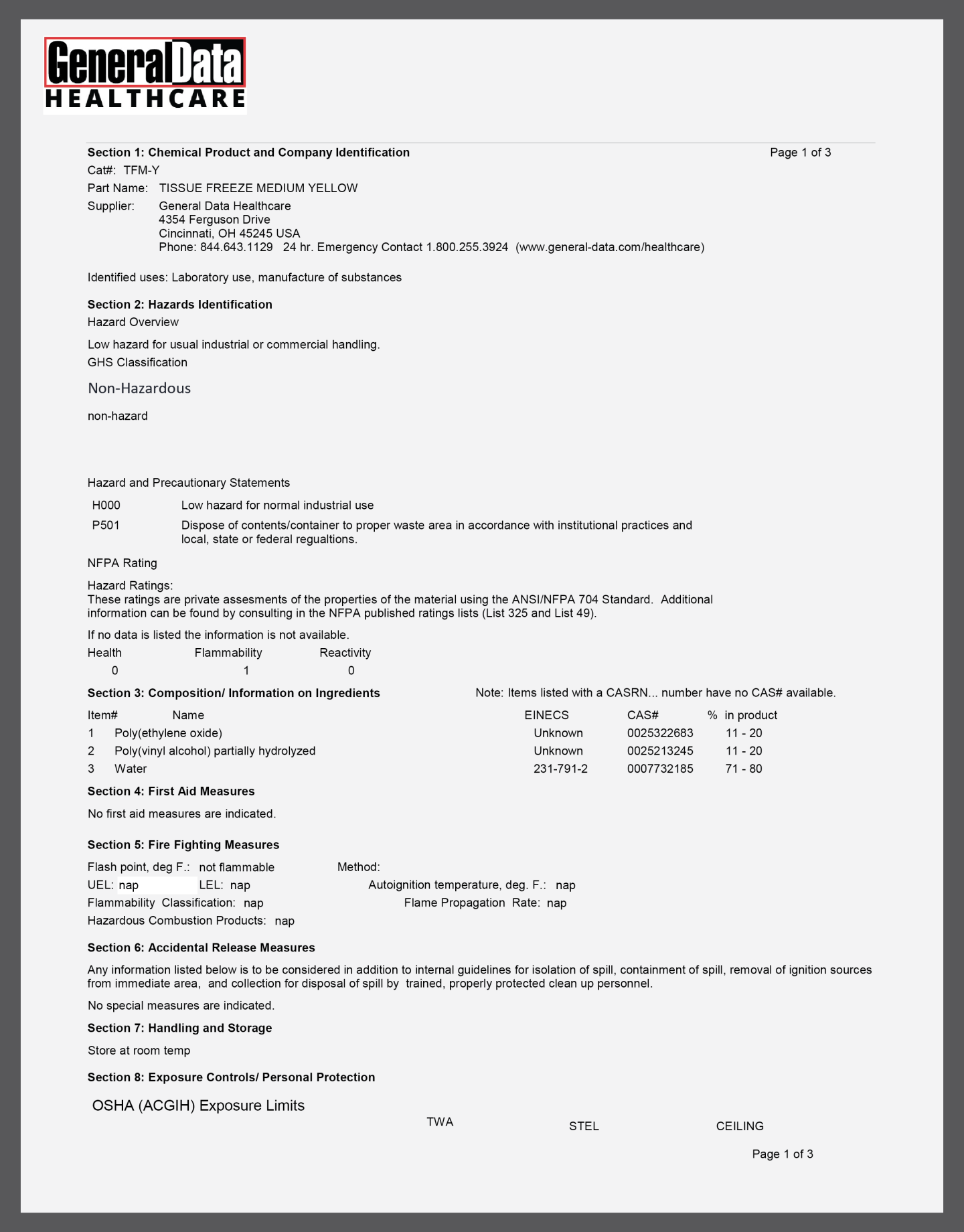 TFM-Y Tissue Freezing Medium Yellow Safety Data Sheet