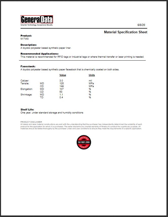 TW3 Material Specification Sheet