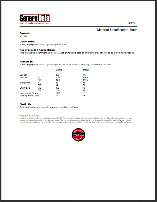 TW5 Material Specification Sheet