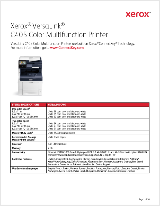 Xerox VersaLink C405 Color Multifunction Printer Product Brochure