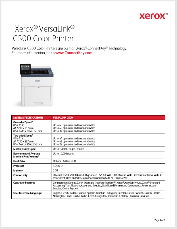 Xerox VersaLink C500 Color Printer Product Brochure General Data Xerox VersaLink C500 Color Printer Product Brochure General Data