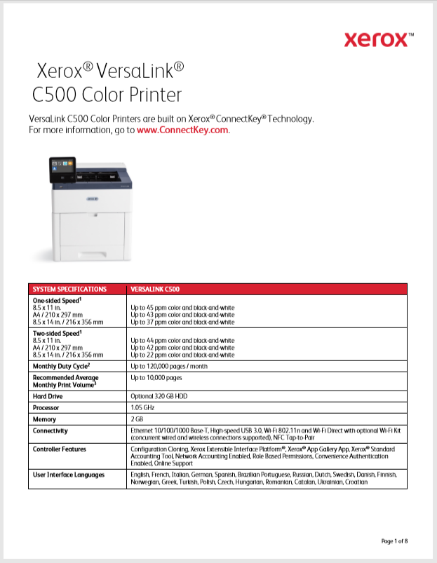 Xerox VersaLink C500 Color Printer Product Brochure