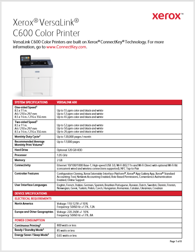 Xerox VersaLink C600 Color Printer Product Brochure