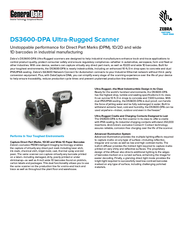 Zebra 3600-DPA for Direct Part Marking, Wide 1D Product Brochure