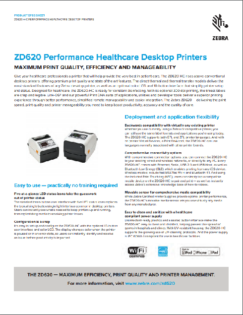 Zebra ZD620-HC Thermal Transfer Printer Product Brochure